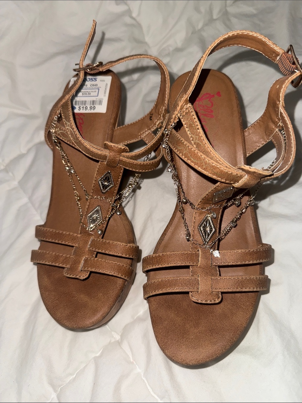 Jellypop Brown T-Strap Sandals with Chain & Diamond Charms
